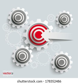 White gears with red aims on the grey background. Eps 10 vector file.