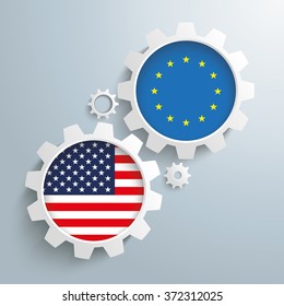 White gears with US and EU flags. Eps 10 vector file.