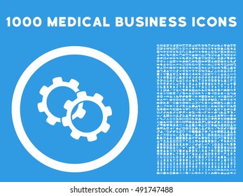White Gears vector rounded icon. Image style is a flat icon symbol inside a circle, blue background. Bonus clip art has 1000 medical business pictographs.