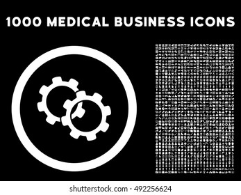 White Gears vector rounded icon. Image style is a flat icon symbol inside a circle, black background. Bonus clip art has 1000 healthcare business design elements.