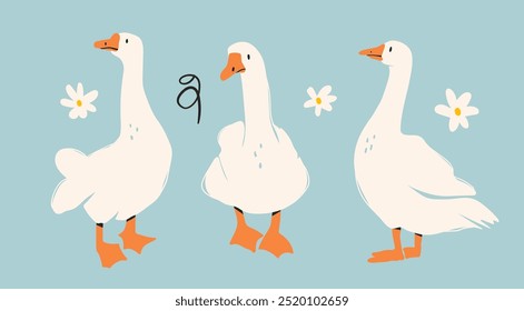 White geese or ducks and camomile flowers. Abstract, quirky, cartoon modern style. Hand drawn trendy Vector illustration. Isolated design elements