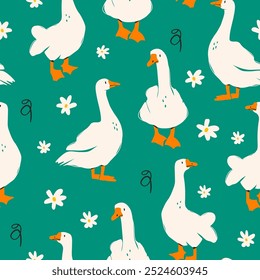 White geese or ducks and camomile flowers. Abstract, quirky, cartoon modern style. Hand drawn trendy Vector illustration. Square seamless Pattern, background, wallpaper