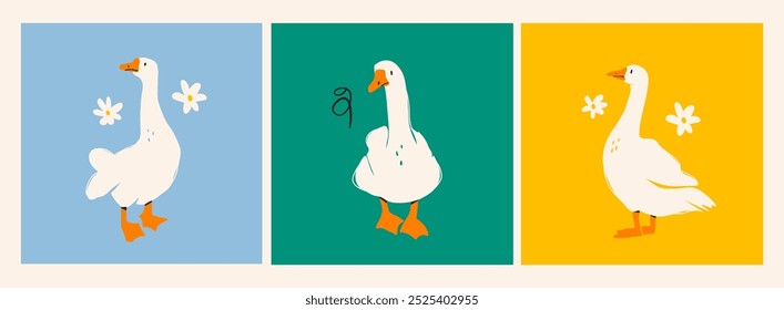 White geese or ducks and camomile flowers. Abstract, quirky, cartoon modern style. Hand drawn trendy Vector illustration. Isolated design elements