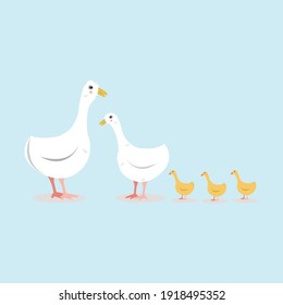 white geese, yellow goslings on a blue background. Goose flock. Leader, mother and children. Design of children's books, t-shirts, toys. Stylized vector illustration.