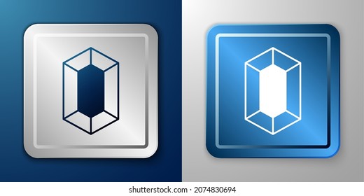 White Gem stone icon isolated on blue and grey background. Jewelry symbol. Diamond. Silver and blue square button. Vector