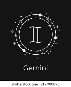 White Gemini sign with planets and stars on a black background