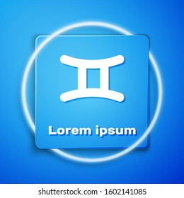 White Gemini zodiac sign icon isolated on blue background. Astrological horoscope collection. Blue square button. Vector Illustration