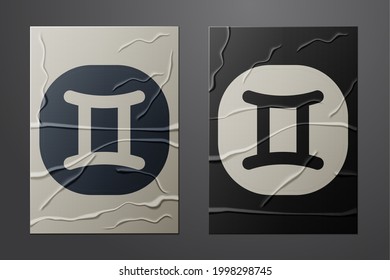 White Gemini zodiac sign icon isolated on crumpled paper background. Astrological horoscope collection. Paper art style. Vector