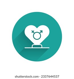 White Gender icon isolated with long shadow background. Symbols of men and women. Sex symbol. Green circle button. Vector