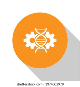 White Gene editing icon isolated on white background. Genetic engineering. DNA researching, research. Orange circle button. Flat design. Vector Illustration