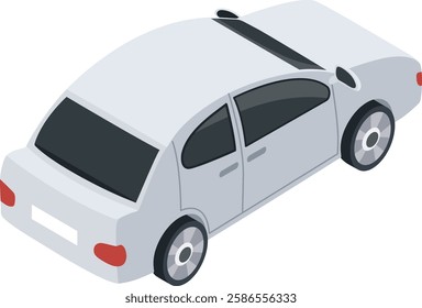 White generic sedan car parked in isometric view, illustrating concepts of the automotive industry, transportation, and modern mobility in an urban setting