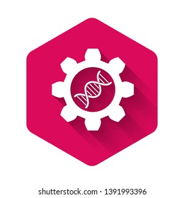 White Genetic engineering icon isolated with long shadow. DNA analysis, genetics testing, cloning, paternity testing. Pink hexagon button. Vector Illustration