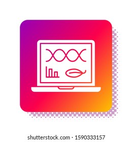 White Genetic engineering modification on laptop icon isolated on white background. DNA analysis, genetics testing, cloning. Square color button. Vector Illustration