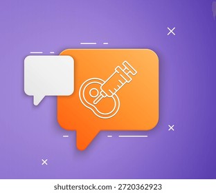 White Genetically modified meat icon isolated on purple background. Syringe being injected to meat. Orange speech bubble symbol. Vector