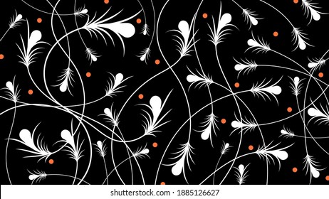 white, gently curved abstract plant shapes and orange circles are randomly arranged on a black background. art wallpaper. vector