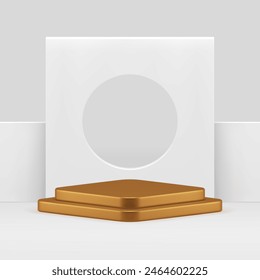 White geometric 3d podium pedestal mock up for cosmetic product show realistic vector illustration. Luxury golden rhombus stand with neutral frame wall background display for commercial advertising