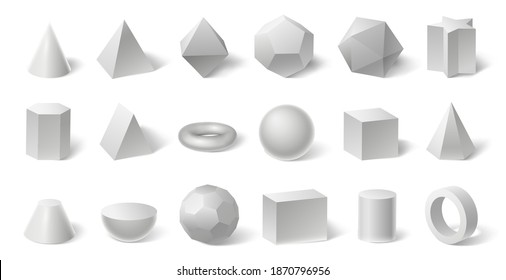 White geometric 3d shapes. Geometry form for education. Hexagonal and triangular prism, cylinder and cone, sphere and pyramid isolated on white, solid bodies set vector illustration