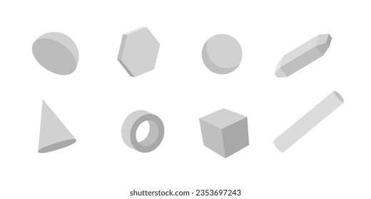 White geometric 3d shapes set. Grey cylinders with hexagon and triangle as modern design elements with object of simple vector constructions