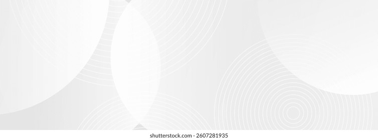 White geometric abstract background with overlapping circles on a bright surface, enhanced by linear effects. Modern design concept ideal for banners and presentations.