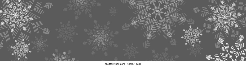 Bellísimo y geométrico blanco copos de nieve de diferentes tamaños y transparencia en el fondo gris de la pancarta. Estilo plano Feliz Navidad, vacaciones de invierno y concepto de Feliz Año Nuevo o como telón de fondo con espacio para copiar