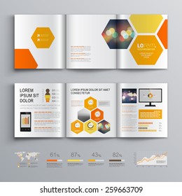 White geometric brochure template design with orange and yellow honeycombs. Cover layout and infographics