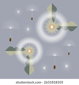 White geometric dandelion and dandelion seeds blowing in the wind isolated in grey background