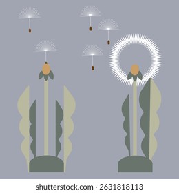 White geometric dandelions and dandelion seeds blowing for creating any design