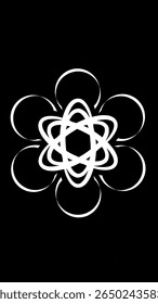 A white geometric design featuring overlapping elliptical shapes and circles, forming a symmetrical floral-like pattern on a black background
