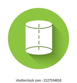 White Geometric figure icon isolated with long shadow. Abstract shape. Geometric ornament. Green circle button. Vector