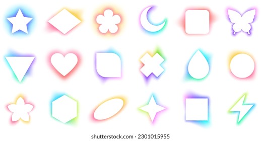 White geometric frames and blurry rainbow gradient glow effect  Trendy modern illuminated moon   star forms  glowing heart   butterfly aura aesthetic  basic shapes and blur gradients vector set