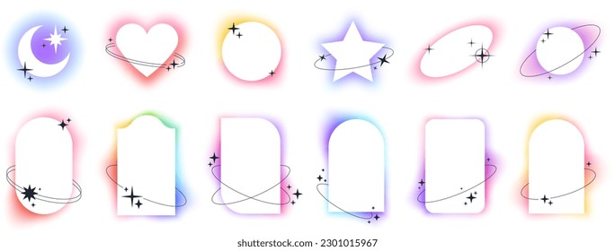 White geometric frames illuminated with abstract soft pastel gradients. Cute heart and moon shapes with blur gradient elements, minimalist aesthetic glowing arc frame template with sparkles vector set