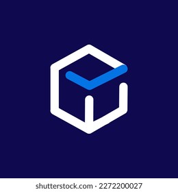 white geometric hexagonal box icon with check on blue background