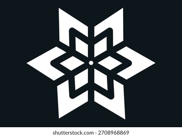 Icono geométrico blanco de un copo de nieve o estrella sobre un fondo negro para un diseño minimalista