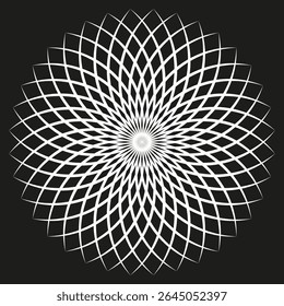 White geometric mandala. Intricate fractal pattern. Optical illusion design. Vector symmetrical artwork.