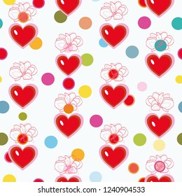White geometric pattern with blue heart and blue line art flower blossom.