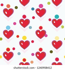White geometric pattern with red heart and colourful funny dots.