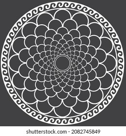 White geometric patterns mandala on gray background, vector textile fabric