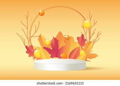 White geometric platform on white gradient background. Golden arc with branches and leaves near orange pedestal podium. 