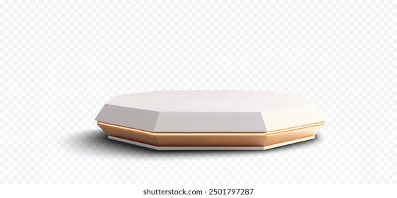 A white geometric podium with a golden accent base on a transparent background perfect for product displays and luxurious design presentations. 3D Geometric white podium with a golden base