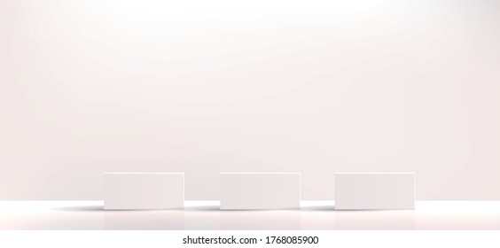 White geometric podium square and minimal boxes. empty showcase for cosmetic product presentation. Fashion magazine. vector Illustration design.