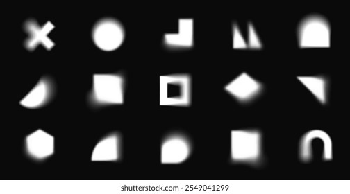 White geometric shapes with blur effect, abstract blurry forms. Various basic shape with soft edges on black background, blurred silhouette  circle and square form, modern design element vector set