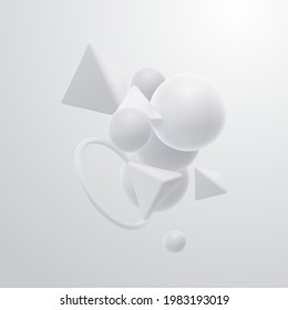 White geometric shapes cluster. Abstract elegant background. Vector 3d illustration. Flowing geometry primitives composition. Banner or sign design