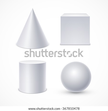 White geometric shapes: cone, cube, cylinder, sphere. Realistic vector illustration