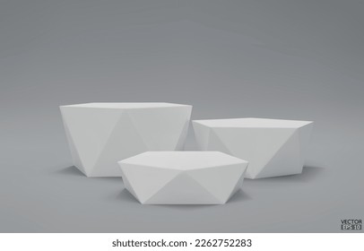 White geometric step podium. 3 white hexagon cube, Square podium in gray background. Concept scene stage showcase, product, promotion sale, banner, presentation, cosmetic. 3D vector illustration.