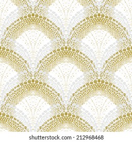 White Geometric Texture In Art Deco Style With Scaled Ornament Made Of Silver And Gold Dots For Christmas And Holiday Decor Or Wedding Invitation Background. Seamless Vector Pattern For Winter Fashion