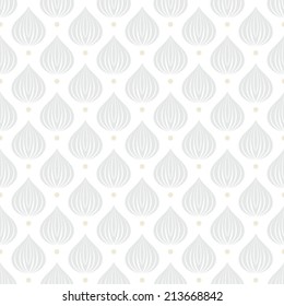 White geometric texture with drop like shapes in silver and gold dots on white for Christmas and holiday decor or wedding invitation background. Seamless vector pattern for winter fashion