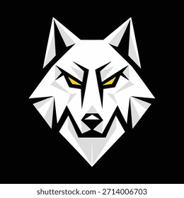 Mascota de cabeza de lobo geométrica blanca con ojos amarillos sobre fondo negro