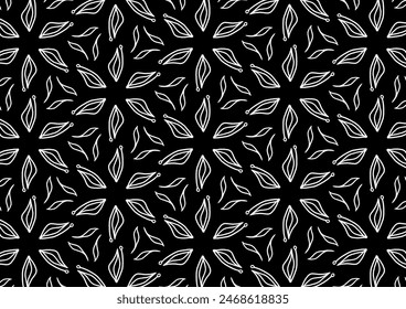 White Geometrics Floral Leaf Egypt Eyes Shape Simple Motif on Black Background, Medallian Seamless Pattern, Vector, Design for Textil, Fabric Texture, Clothing, Wrapping, Decoration, Scarf, Carpet 