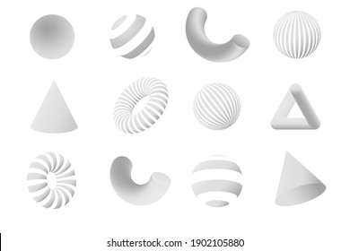 Juego de formas 3D de geometría blanca. Elementos de diseño de vectores para medios sociales y contenido visual, diseño web e interfaz de usuario, carteles y collage de arte, marca.