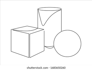White Geometry Shapes Cube, Cylinder, Sphere.One continuous single drawing line
